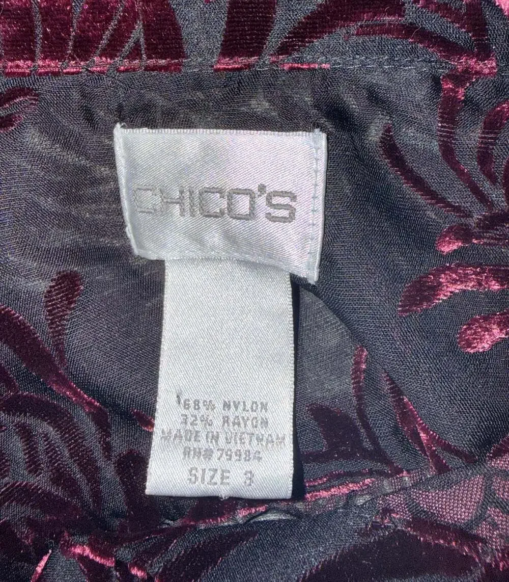 Chico's Black and Burgundy Floral Burnout Velvet Button-Down Shirt WhimsyGoth - Picture 11 of 12